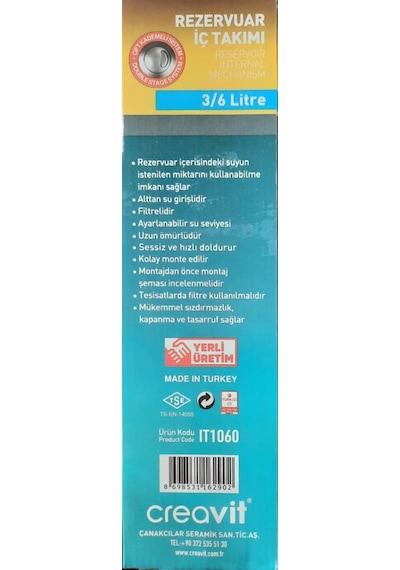 Creavit Klozet İç Takım Çift Kademeli Basmalı Sistem it1060 3/6 L Beyaz