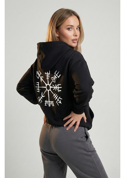 Nevermind Unisex Vegvisir Pusula Baskılı Sevgili Kombini Oversize Hoodie Seti Siyah