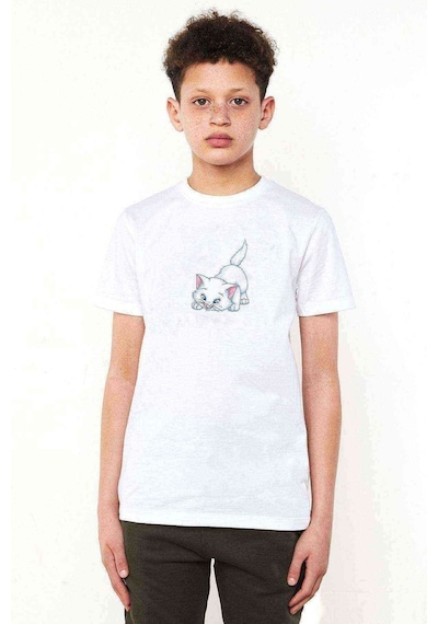 Tshirthane Yavru Kedi Kedi Bıyık Marie Çizgi Baskılı Unisex Çocuk Beyaz T-S
