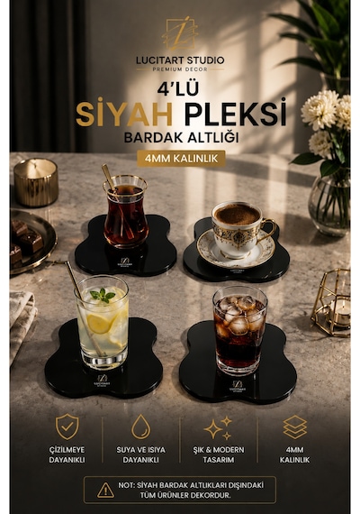 Premium Siyah Pleksi Bardak Altlığı 4'lü Set Modern Masa Dekoru Diğer