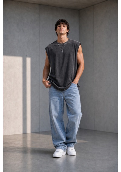 Thiff Erkek Oversize Kolsuz T-shirt Tişört Atlet Füme