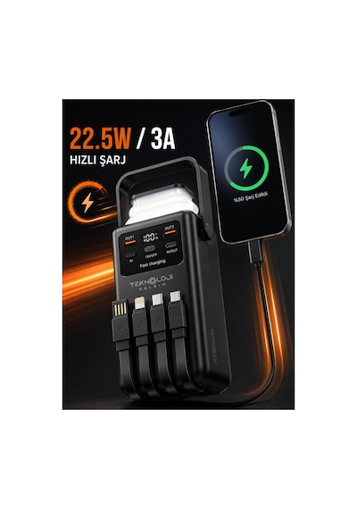 30.000 Mah Powerbank 22.5w Hızlı Şarj Lcd Ekran 4 Çıkış 4 Kablo Kamp Işıklı Taşınabilir Batarya Siyah