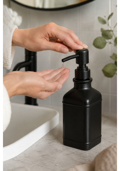 Aura Cam Sıvı Sabunluk 400 Ml Siyah Pompalı Modern Dekoratif Banyo Ve Mutfak Dispenseri - 19,5 Cm X 6 Cm X 6 Cm