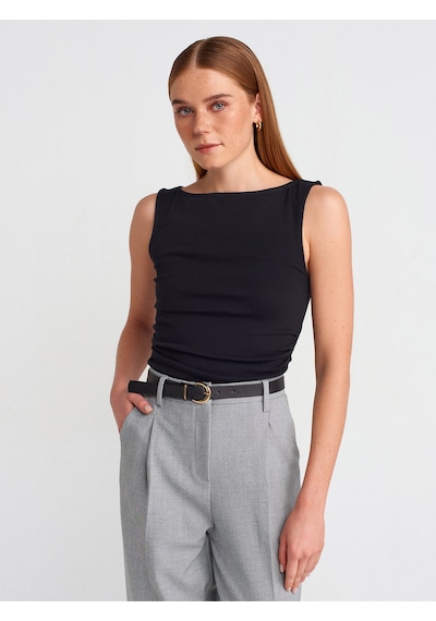 DİLVİN Dilvin Kadın 31589 Büzgülü Kayık Yaka Top Siyah Bluz-101a31589