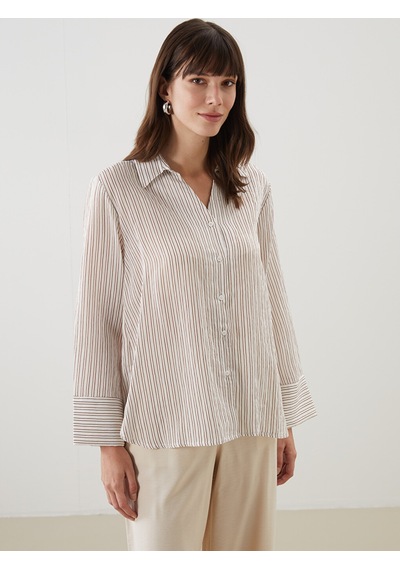 Lcw Comfort Ekru Çizgili Oversize Kadın Gömlek