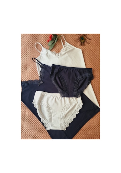 Demirsa Boutique Pamuklu, İp Askılı Dantel Detaylı 2'li Atlet Külot Takım Lacivert Ve Beyaz Renk Lacivert Demirsa Boutique Pamuklu, İp Askılı Dantel Detaylı 2'li Atlet Külot Takım Lacivert Ve Beyaz Renk Lacivert