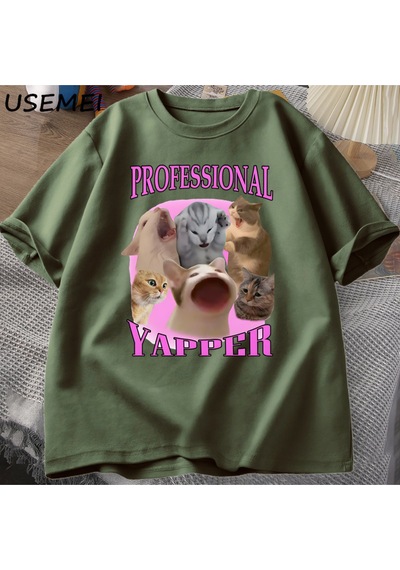 Flood Of Style Professional Yapper Cat Graphic T Shirts Women Men Cotton Short Sleeve T-shirts Casual O Neck Yeşil