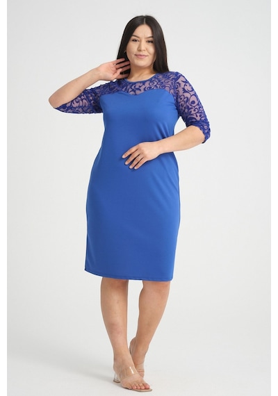Saks Floklu Büyük Beden Elbise 23d-2534 Saks Mavi