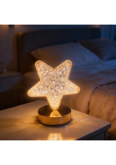 Yıldız Model Kristal Led Masa Lambası Dokunmatik, 3 Renk Işık Modlu, Şarjlı Mini Dekoratif Gece La Çok Renkli