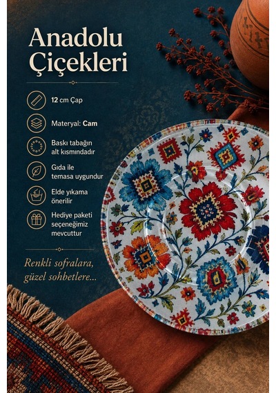 6 Lı Cam Çay Tabağı Anadolu Çiçekleri Desenli 12 Cm 6 Adet Çay Tabak Kırmızı