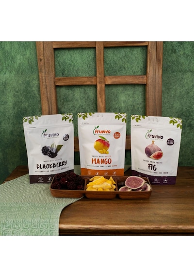 Fruvivo 3'lü Freeze Dry Paket - Böğürtlen + Mango + İncir - Dondurularak Kurutulmuş Meyve Cipsi Şeker İlavesiz %100 Doğal Vegan 70 G