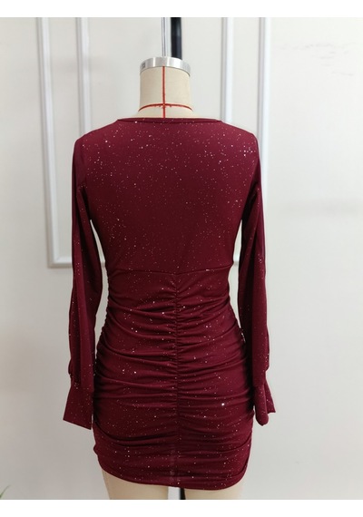 Butik İstanbul Kadın Uzun Kollu V Yakalı Kısa Işıltılı Kısa Sandy Elbise Bordo
