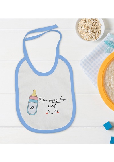 Bk Kids Her Şeyin Başı Süt Tasarımlı Mavi Bebek Mama Önlüğü Mavi