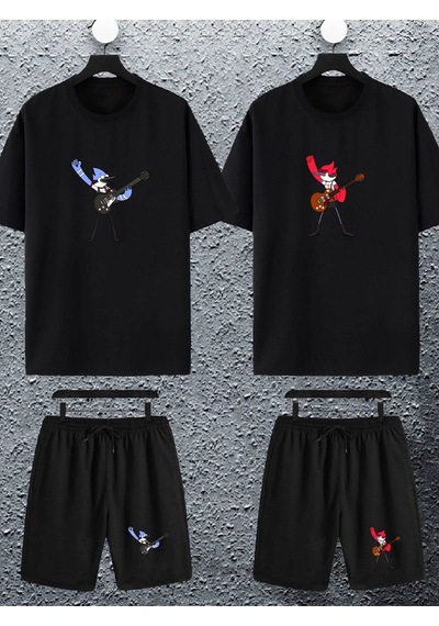 Unisex Kadın Erkek Mordecai Margaret Baskılı Sevgili Çift Kombini Tasarım Oversize Tshirt Şort 4lü Siyah Siyah Mck2346 Siyah Siyah