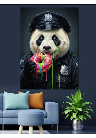 Polis Panda Ve Donut Keyfi Dekoratif Kanvas - Mdf Ahşap Tablo
