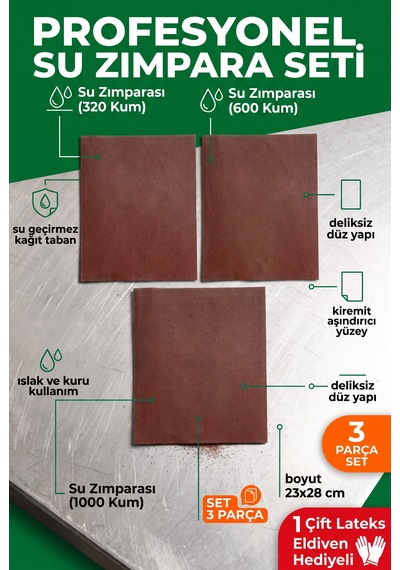 23x28 Cm Su Zımparası Seti 320 600 1000 Kum 3 Parça Islak Kuru Yüzey Zımparası + 1 Eldiven
