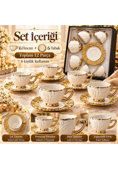 Valkyrie Hürrem Serisi 6 Kişilik 12 Parça Kahve Fincan Takımı 100ml Kabartmalı Altın Detaylı Set Beyaz Altın