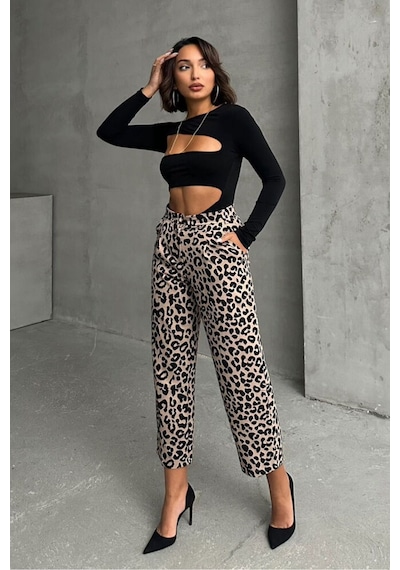 Verymoda Leopar Desenli Pantolon F1788 Taş Siyah