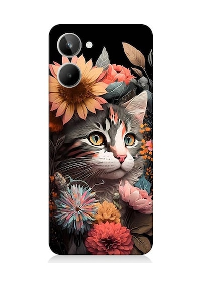 Realme 10 Uyumlu Çiçekler Ve Kül Gri Kedi Desenli Silikon Kılıf