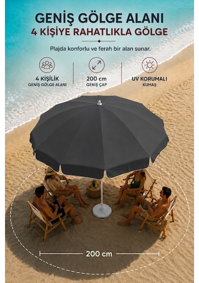 Antrasit Plaj Şemsiyesi 200 Cm Çap/10 Telli, Eğim Verilebilir