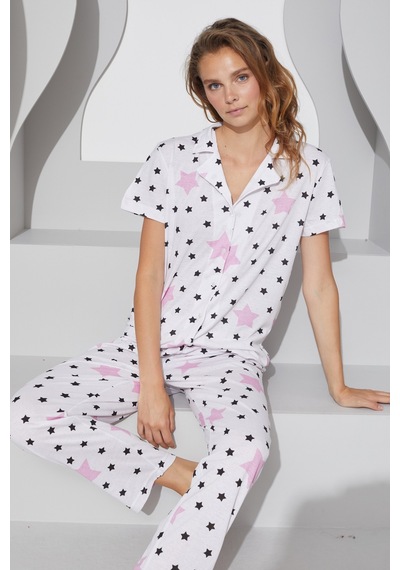 Siyah İnci Örme Düğmeli Pijama Takım 7755 Beyaz Renkli Yıldız