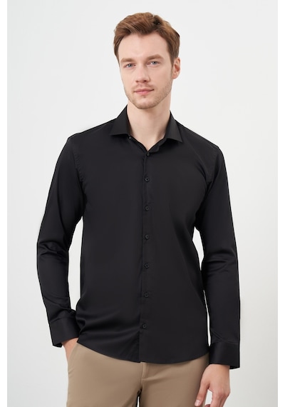 Morven Erkek Siyah Pamuk Düz Desen İtalyan Yaka Slim Fit Gömlek 24mc004088001 Siyah