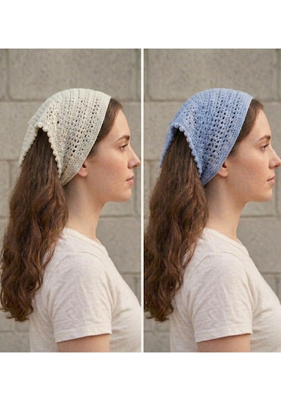 Mavi Renkli File Model Bandana, El Yapımı Örgü Bandana Mavi - Gümüş