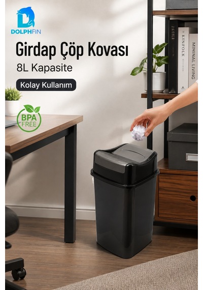 Girdap 8 Litre Sallanır Kapaklı Çöp Kovası Mutfak Banyo Ofis Siyah Füme