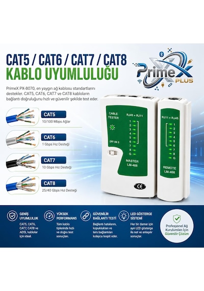 Primex Px-8070 Rj45 Rj11 Kablo Test Cihazı, Cat5 Cat6 Cat7 Cat8 Lan Ethernet Kablo Tester, Adsl Telefon Ve İnternet Kablosu Kontrol Cihazı, Led Göstergeli Network Kablo Test Aleti, 9v Pil İle Çalışır