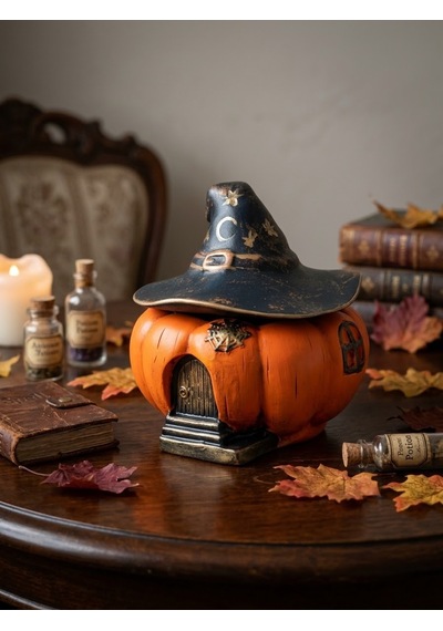 Turuncu Halloween Temalı Kapaklı Balkabağı Büyücü Şapkalı Dekoratif Obje Hediyelik Saklama Kutusu Biblo