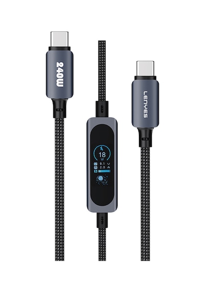 Lenyes Lc572 Tft Ekranlı Type-c To Type-c Data Ve Şarj Kablosu 240w 1.2m Siyah