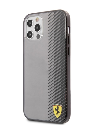 Apple Uyumlu iPhone 12 Pro Max Kılıf Ferrari Lisanlı Klasik Metal Logolu Transparan Çizgi Desenli Gradient Siyah
