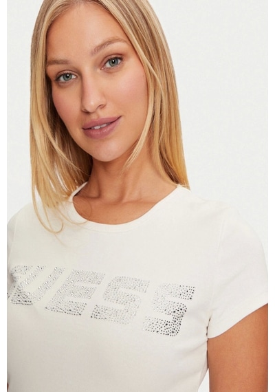Guess Kadın Beyaz Logolu T-shirt Krem