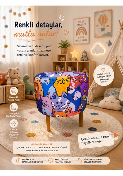 Diday Kedi 2 Puf Trend Puf Koltuk Puff Bench Dekoratif Bohem Doğal Gürgen Ayaklı Çok Amaçlı Bahçe Ev Balkon Çocuk Bench Çok Renkli