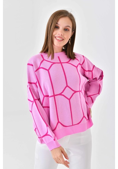Park Karon Kadın Bisiklet Yaka Desenli Oversize Triko Kazak 224403 Pembe