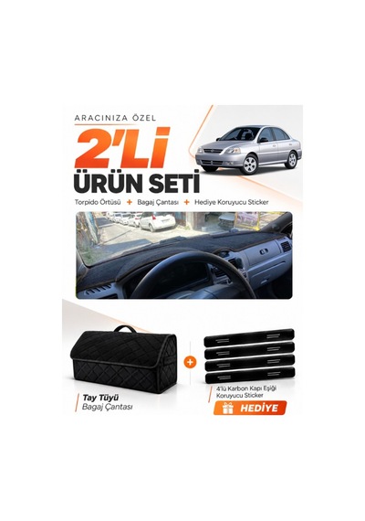 Kia Rio 2000-2005 Uyumlu Torpido Örtüsü + Tay Tüyü Bagaj Çantası + Sticker Seti - Siyah