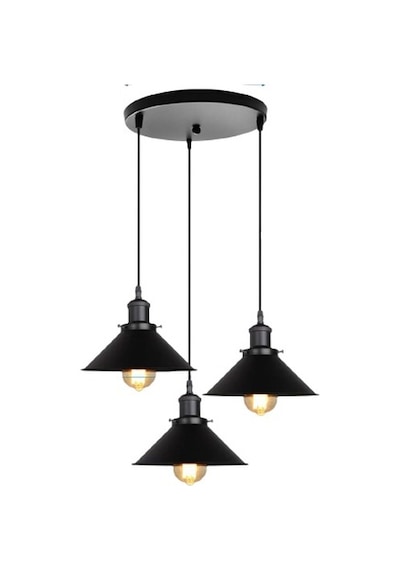 Rys Tasarım Retro Metal Siyah Üçlü Sarkıt Avize Çap:30cm Beyaz