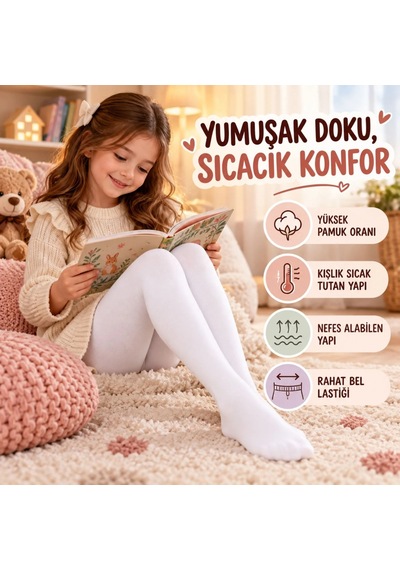 Teorastore Çocuk Beyaz Külotlu 3'lü Çorap Yüksek Pamuklu Kışlık Parfümlü Yumuşak Dokulu Esnek Rahat