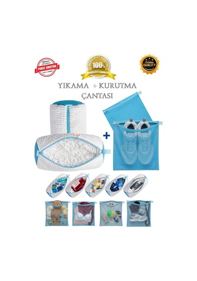 Çok Amaçlı Yıkama Çantası Ve Kurutma Filesi, 2'si 1 Arada Takım, Mavi, Xl Boyut Çok Renkli