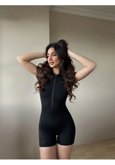 Siyah Fermuarlı Şort Tulum Siyah