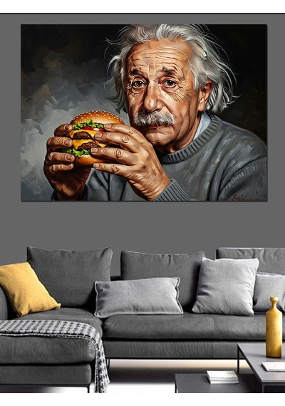 Hamburger Yiyen Bilim İnsanı Einstein Dekoratif Kanvas - Mdf Ahşap Tablo
