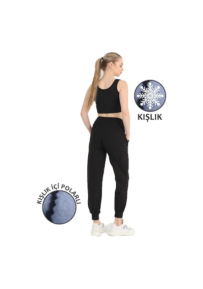 Kadın Siyah Yüksek Bel Jogger Eşofman Altı Polarlı Kışlık Cepli Joggers 1062 Siyah