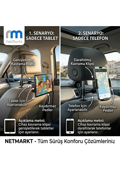 360 Ayarlanabilir Araç İçi Koltuk Arkası Tablet Ve Telefon Tutucu - Kaydırmaz Silikon Pedli, Universal Uyumlu