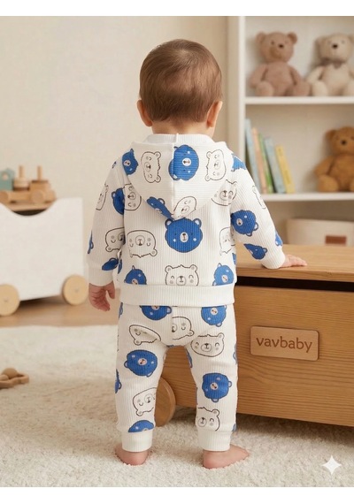 Ayıcık Desenli 3 Lü Bebek Takımı - Kapüşonlu Hırka, Zıbın Body Ve Alt Pijama Seti Kahverengi Mavi