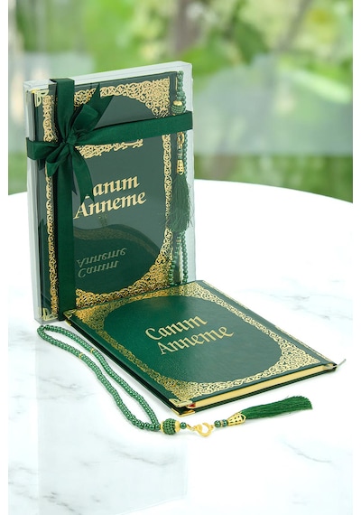 Anneye Hediye Kutulu İnci Tesbihli Ciltli Yasin Kitabı Seti Yeşil