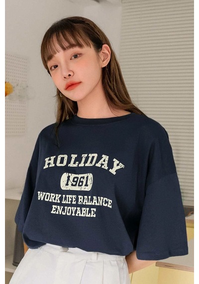 Unisex Holiday Baskılı Tasarım Tshirt Lacivert