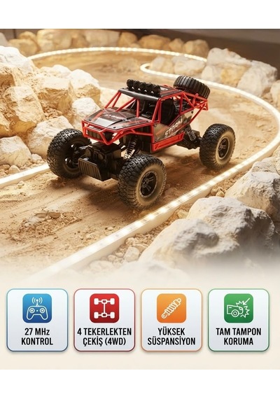 Rock Crawler 1:16 Ölçek 4x4 Uzaktan Kumandalı Buggy Jeep 27 Mhz Kumanda Kontrollü Oyuncak Jeep Kırmızı