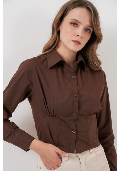 Hiccup Bdart Fitted Poplin Düğmeli Kısa Gömlek Mocha Kahvesi