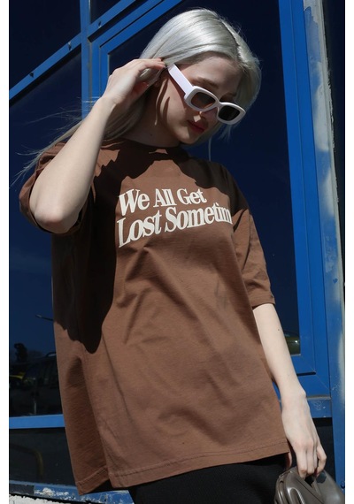 Madmext Kahverengi Baskılı Oversize Tişört Mg1532-kahverengi Kahverengi