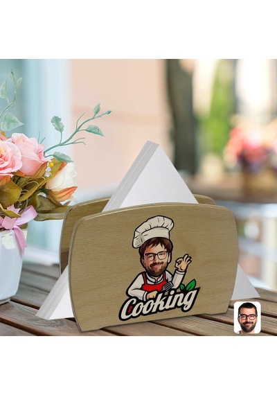 Kişiye Özel Erkek Chef Karikatürlü Lüks Ahşap Peçetelik-14 (511119596)